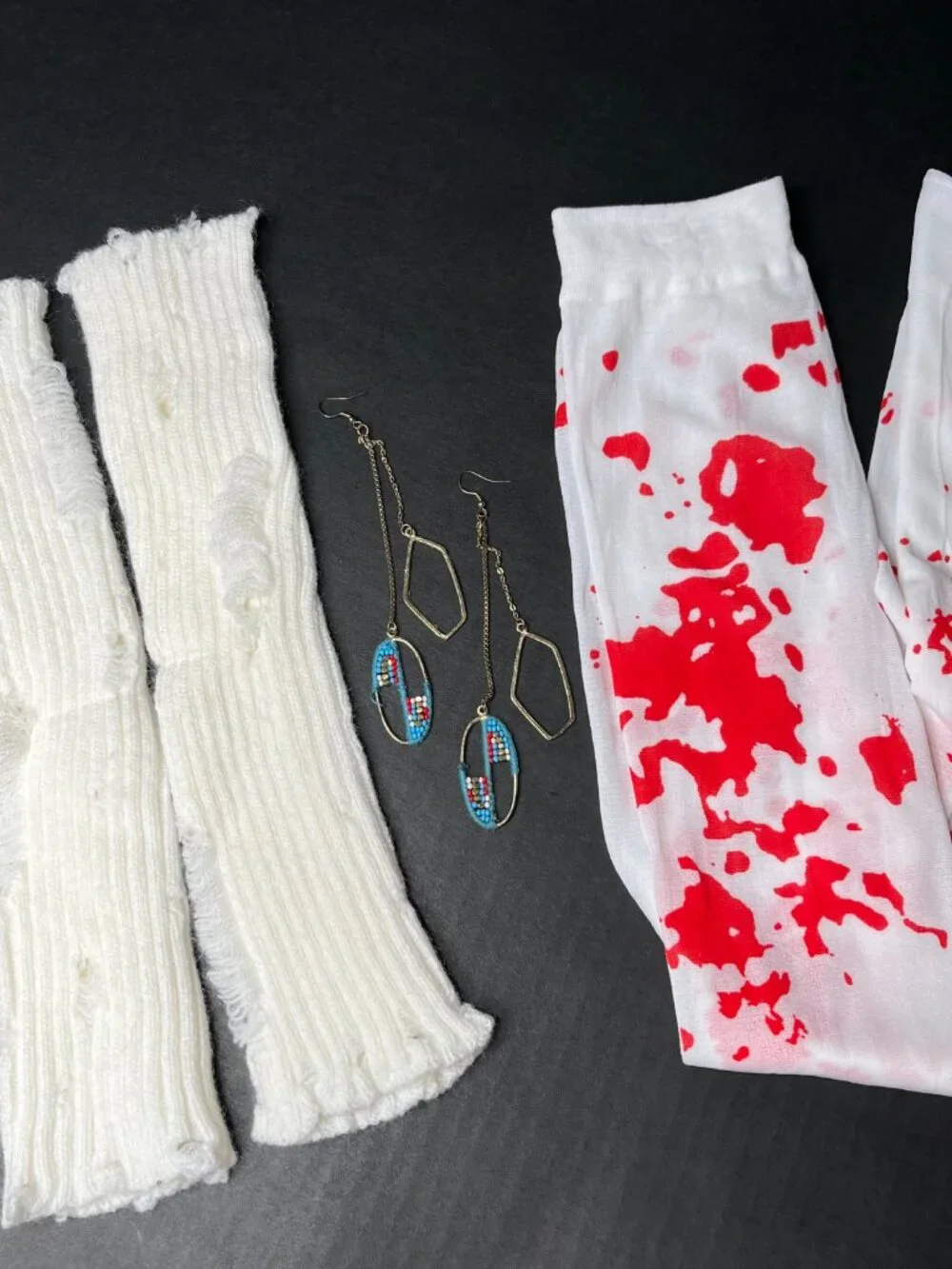 BUNDLE DEAL! 3 Zombie Costume Gloves White Red Blood Splatter Knee Socks Earring